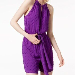 Bar III Purple Swiss Dot Keyhole Halter Romper